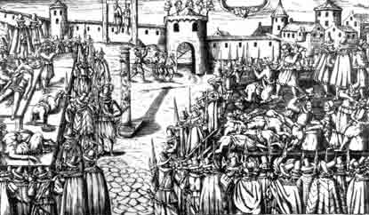 Массовая казнь заговорщиков. Английская гравюра, начало XVII в.